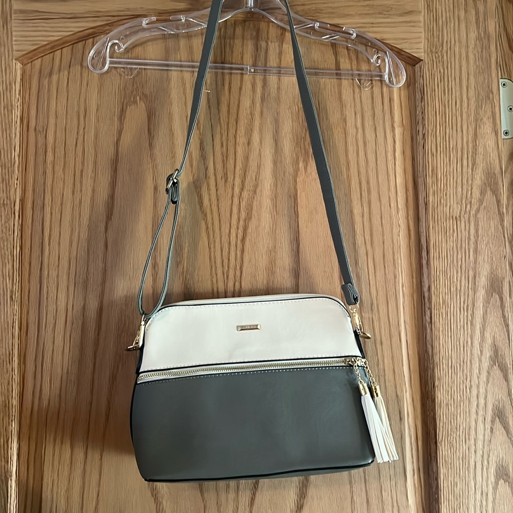 gray and cream purse with card holder wallet